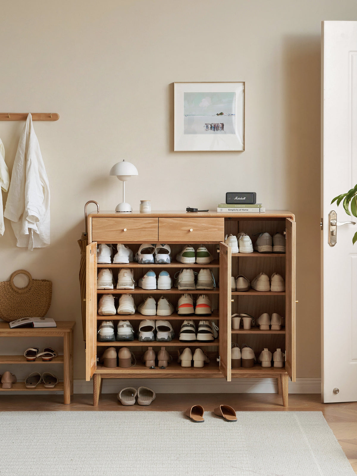 Solid oak shoe cabinet in a sunlit Australian entryway