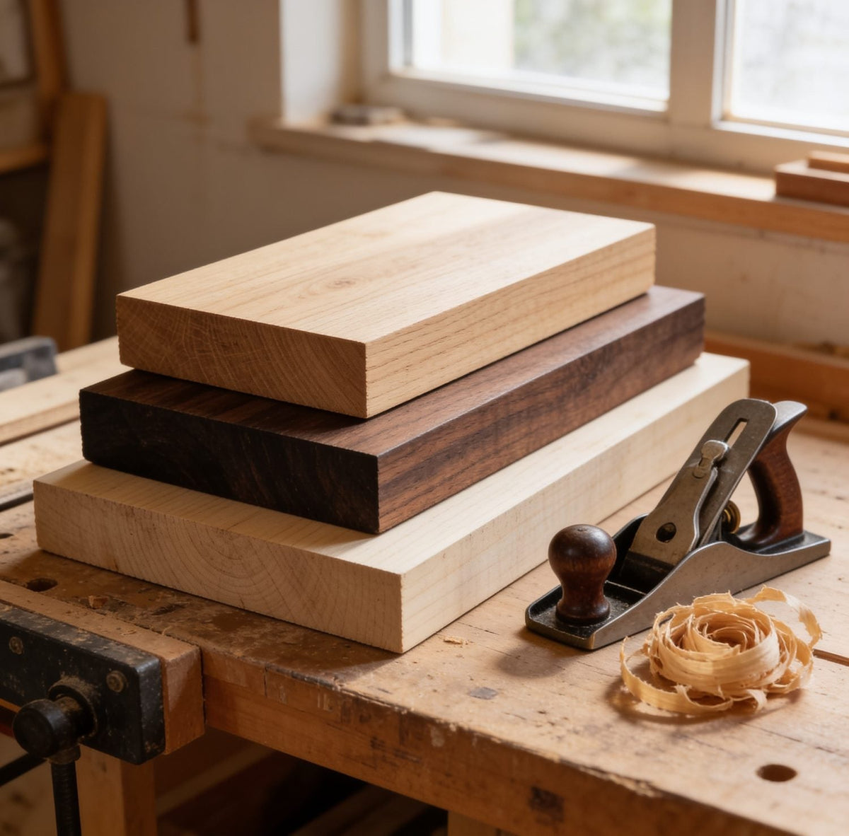 Planed boards of American oak, black walnut and ash on a workbench