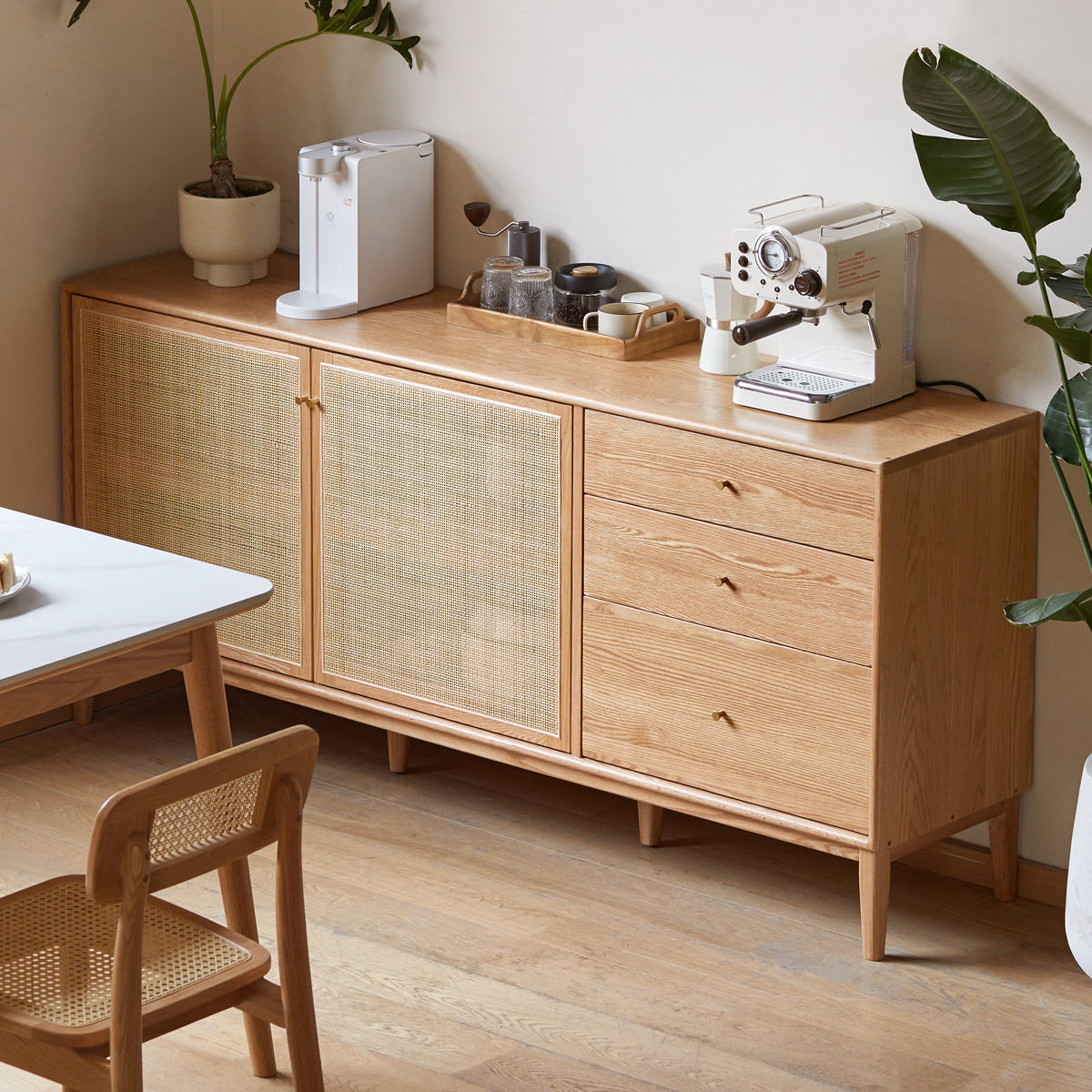Solid Red Oak Rattan-Door Sideboard 150cm
