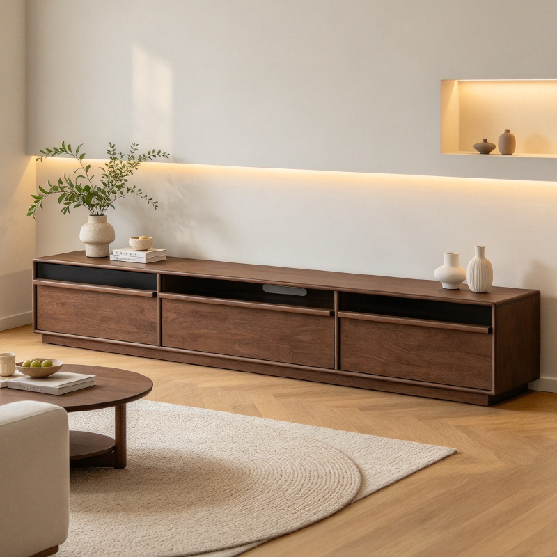 Alessia 1.8m/2m/2.2m Rubberwood TV Stand/Entertainment Unit For Home Walnut Color