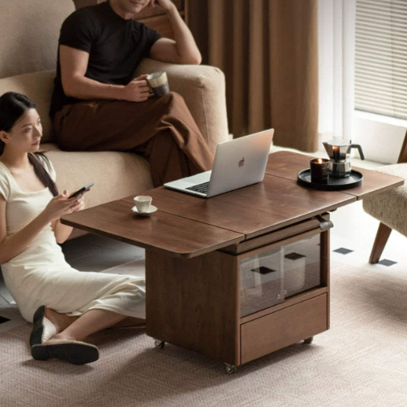 Ainsley Foldable FAS-Graded Solid American Oak Wood Adjustable Height Coffee Table / Mobile Side Table With Swivel Wheels