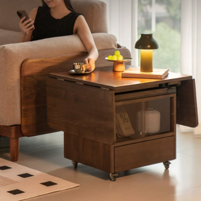Ainsley Foldable FAS-Graded Solid American Oak Wood Adjustable Height Coffee Table / Mobile Side Table With Swivel Wheels
