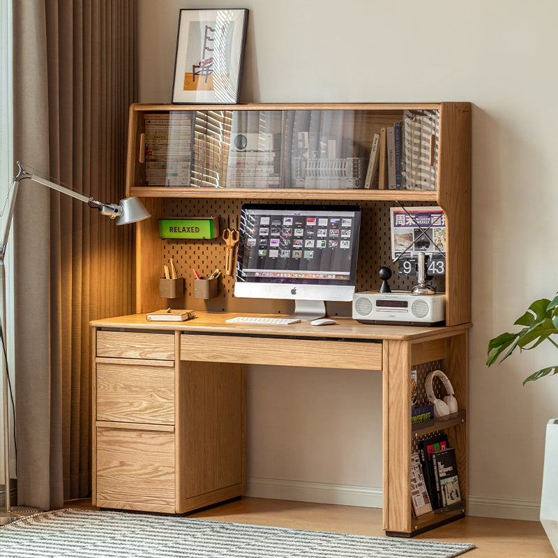 Bryony Solid Oak Wooden Desk with Cabinet, Bookcase & Drawer 120cm / 140cm