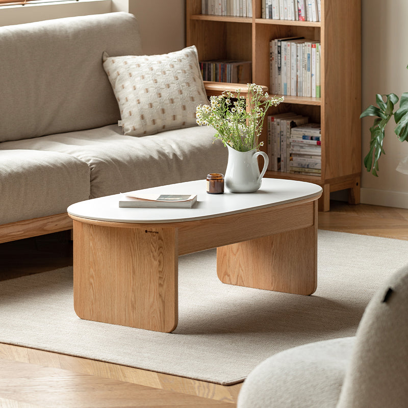 Cassandra Oval Solid American Oak Coffee Table with Stone Slab 125cm