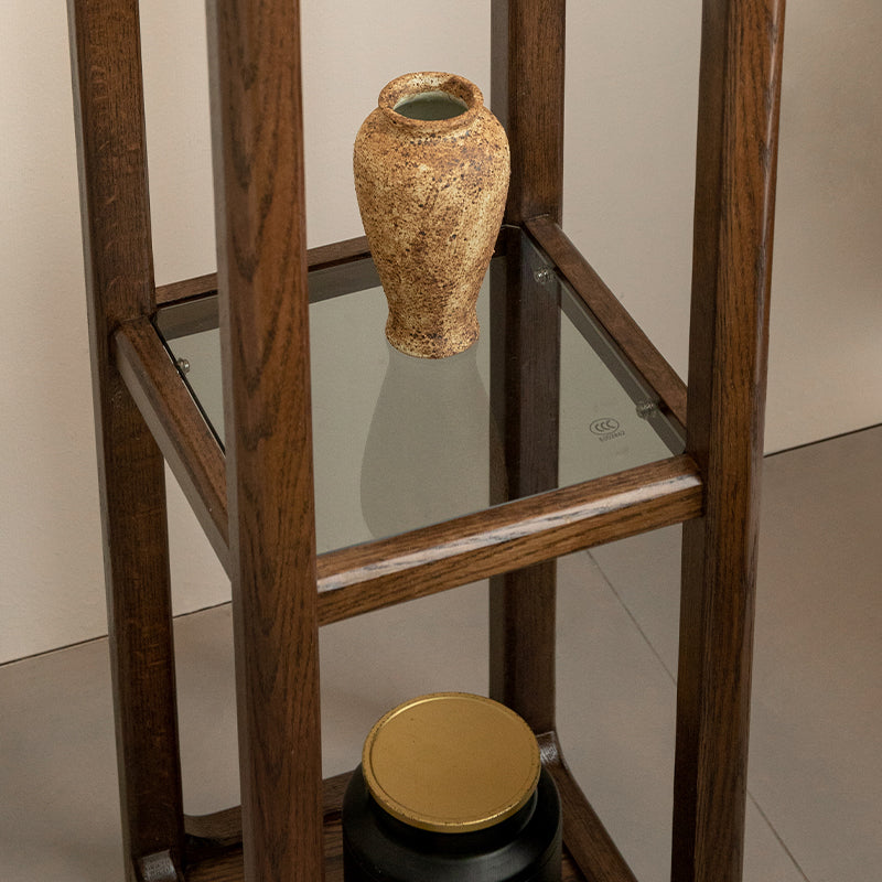 Celia slim oak storage cabinet with light in walnut colour – view 4