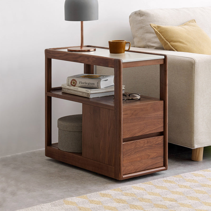 Chandra Solid Black Walnut Coffee Table with Ceramic, Drawer and Casters