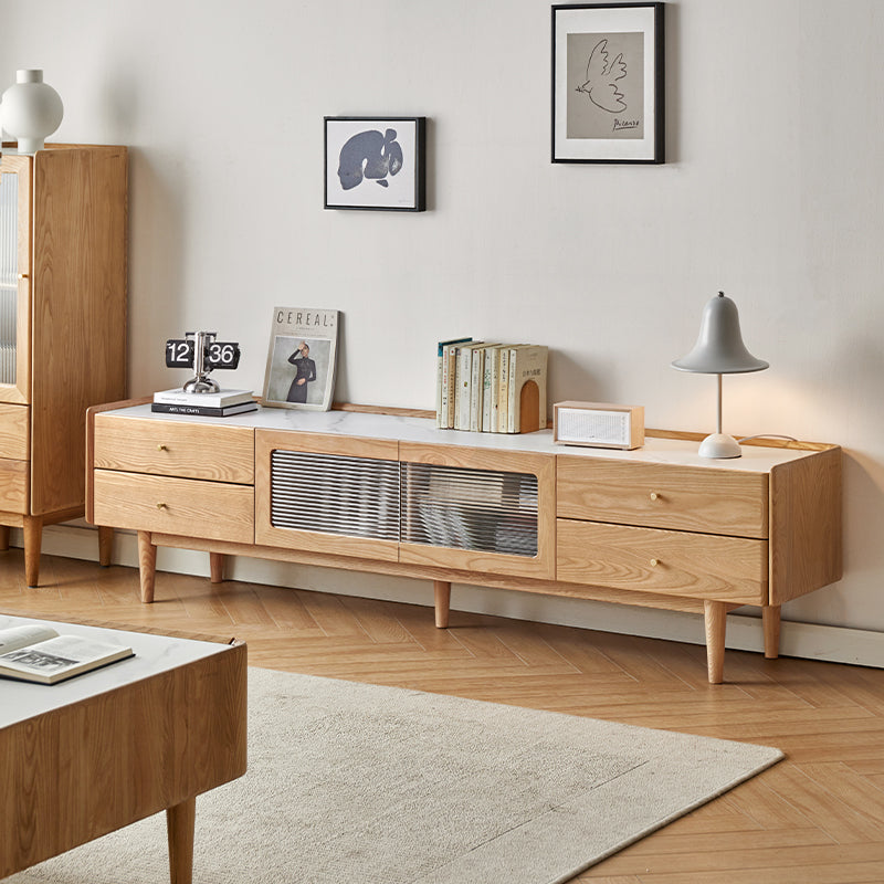 Claudia Wooden TV Unit with Stone Panel, Solid Ash 180cm / 200cm / 220cm