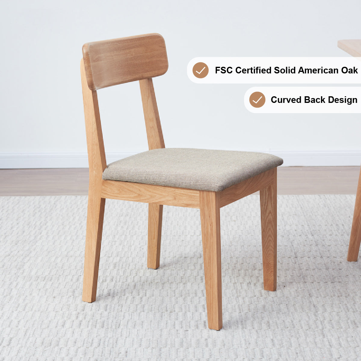 Fabric Curved-Back Dining Chair, Solid American Oak Frame – view 2