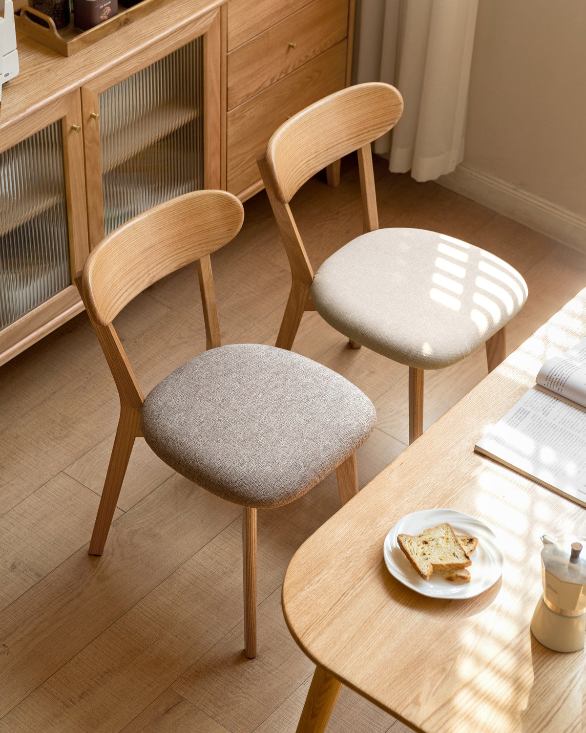 Fabric Curved-Back Dining Chair, Solid American Oak Legs – view 14