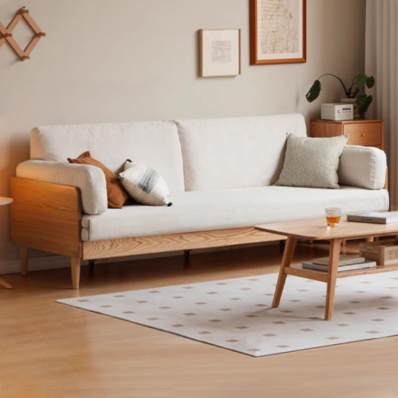 Douglas Oak Wood Sofa Bed in Cotton-Linen Blend – creamy-White