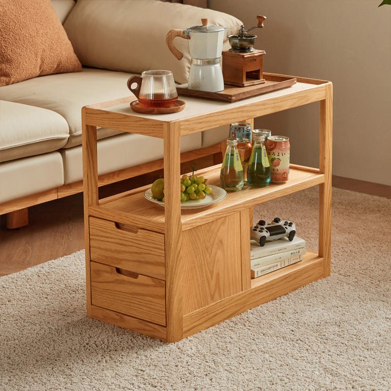 Grover Solid American Oak Coffee Table with Ceramic, Drawer and Casters