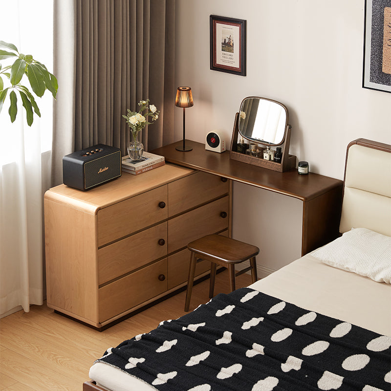 Isadore beech wood dressing table with six drawers and stool – view 2