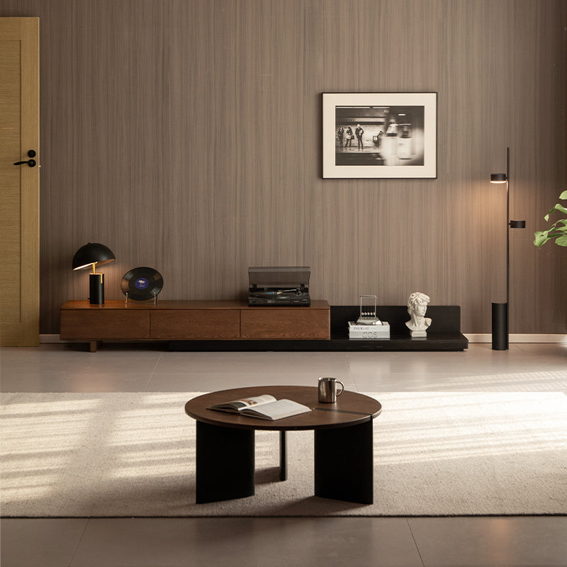 Lenore extendable timber entertainment unit in walnut and black – view 2