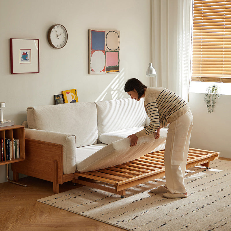 Lucille light grey chenille sofa bed on oak frame – view 8