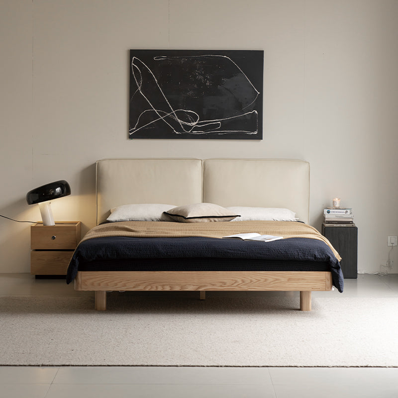 Maeve Queen King Bed Frame in Pinewood, Solid Ash and Leather with Headboard Lighting