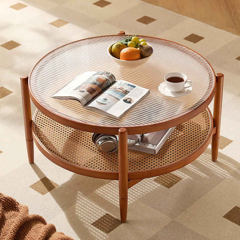 Marcella round rubberwood and rattan coffee table with glass top – view 2