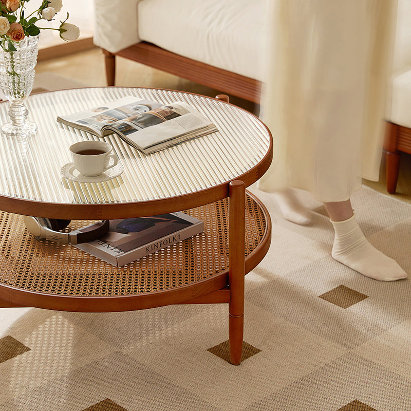 Marcella round rubberwood and rattan coffee table with glass top – view 4