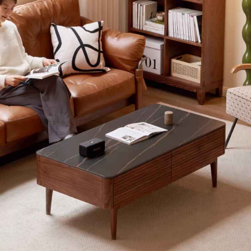Mila solid black walnut and ceramic coffee table with drawer – view 14