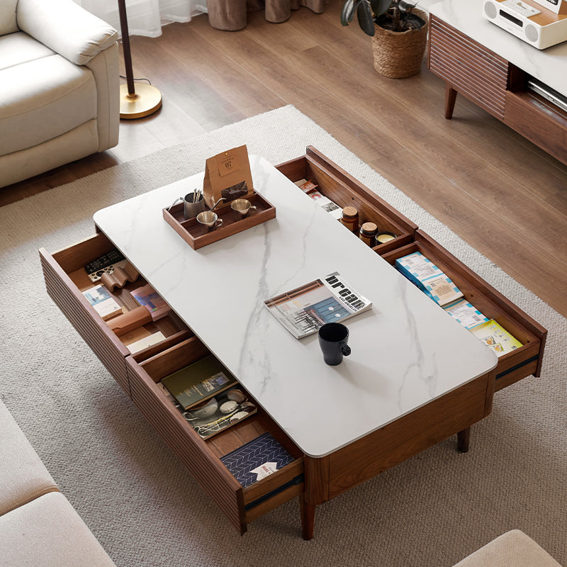 Mila solid black walnut and ceramic coffee table with drawer – view 4