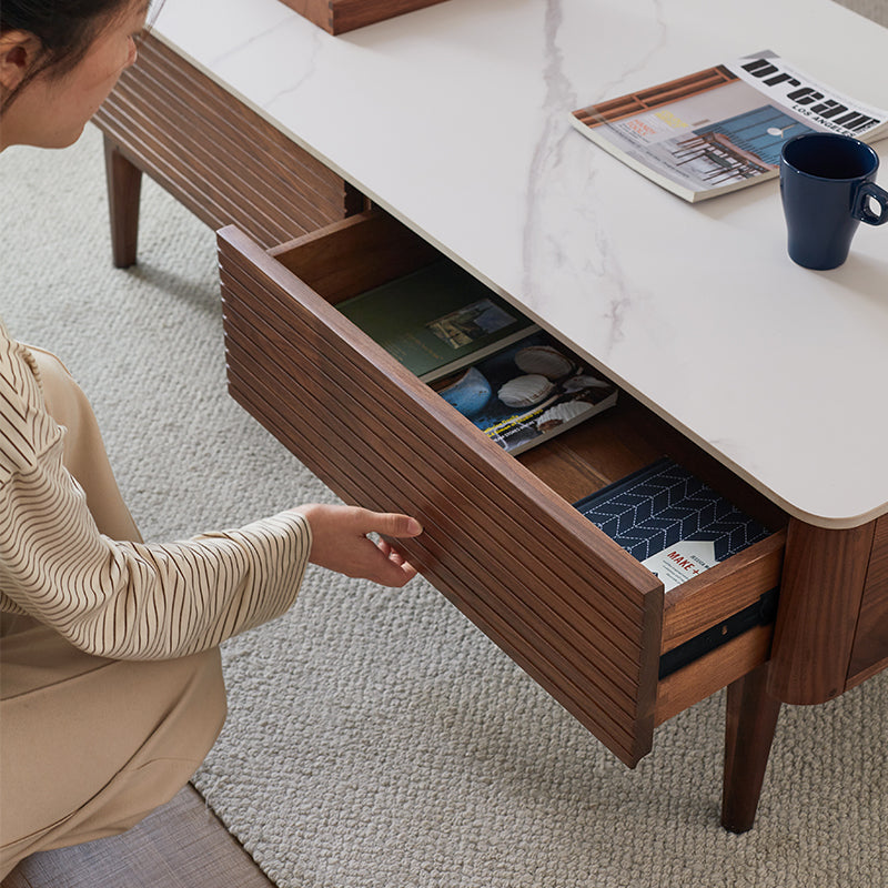 Mila solid black walnut and ceramic coffee table with drawer – view 6