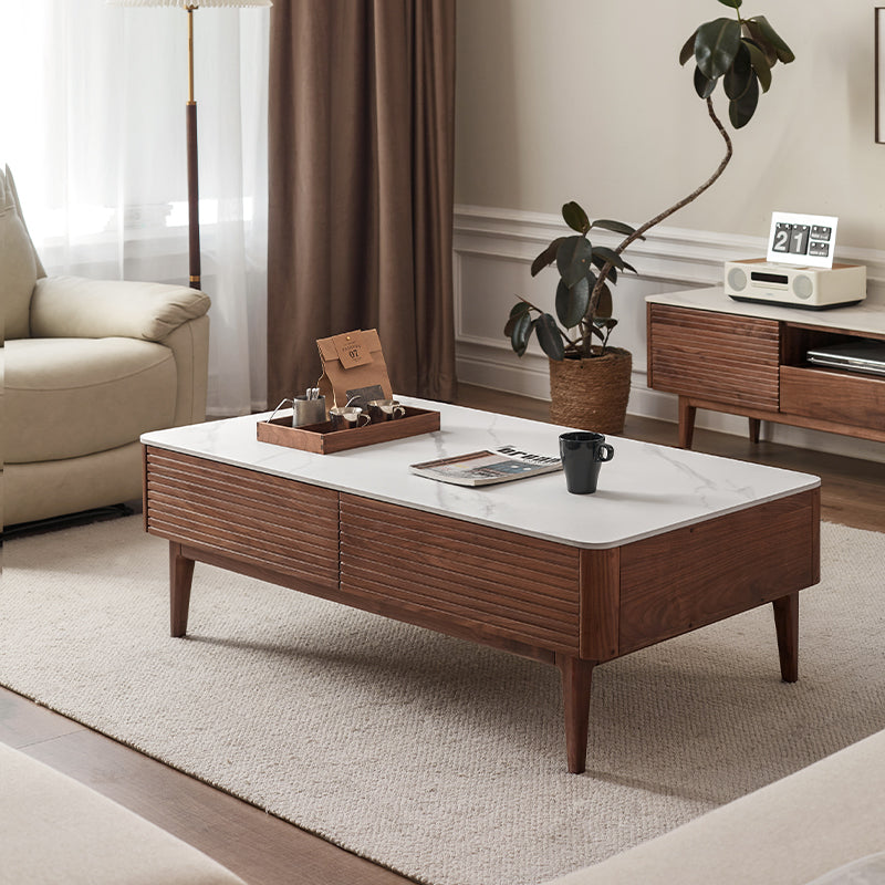 Mila solid black walnut and ceramic coffee table with drawer – White