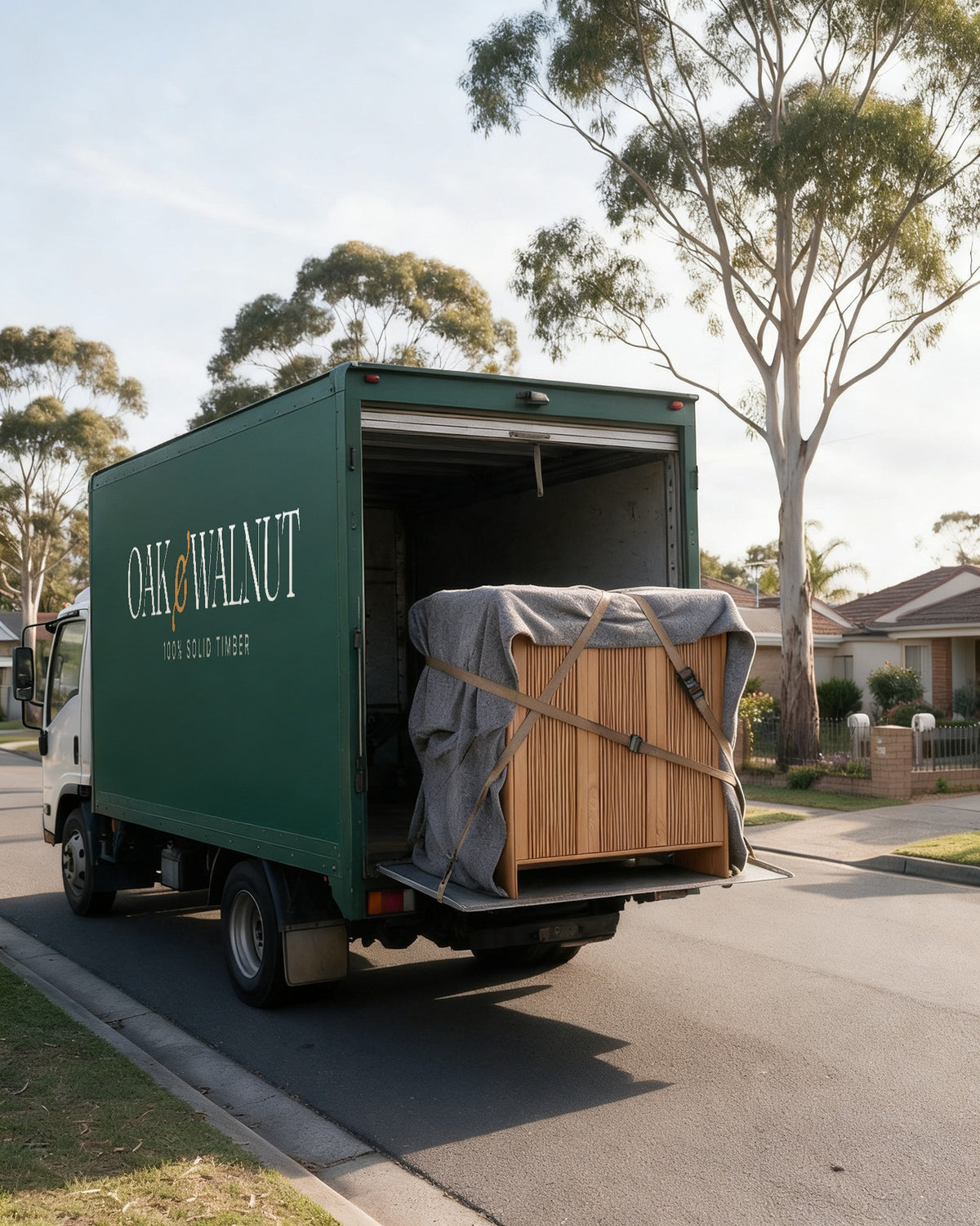 Oak & Walnut delivery truck with a blanket-wrapped solid timber sideboard on the raised tail lift