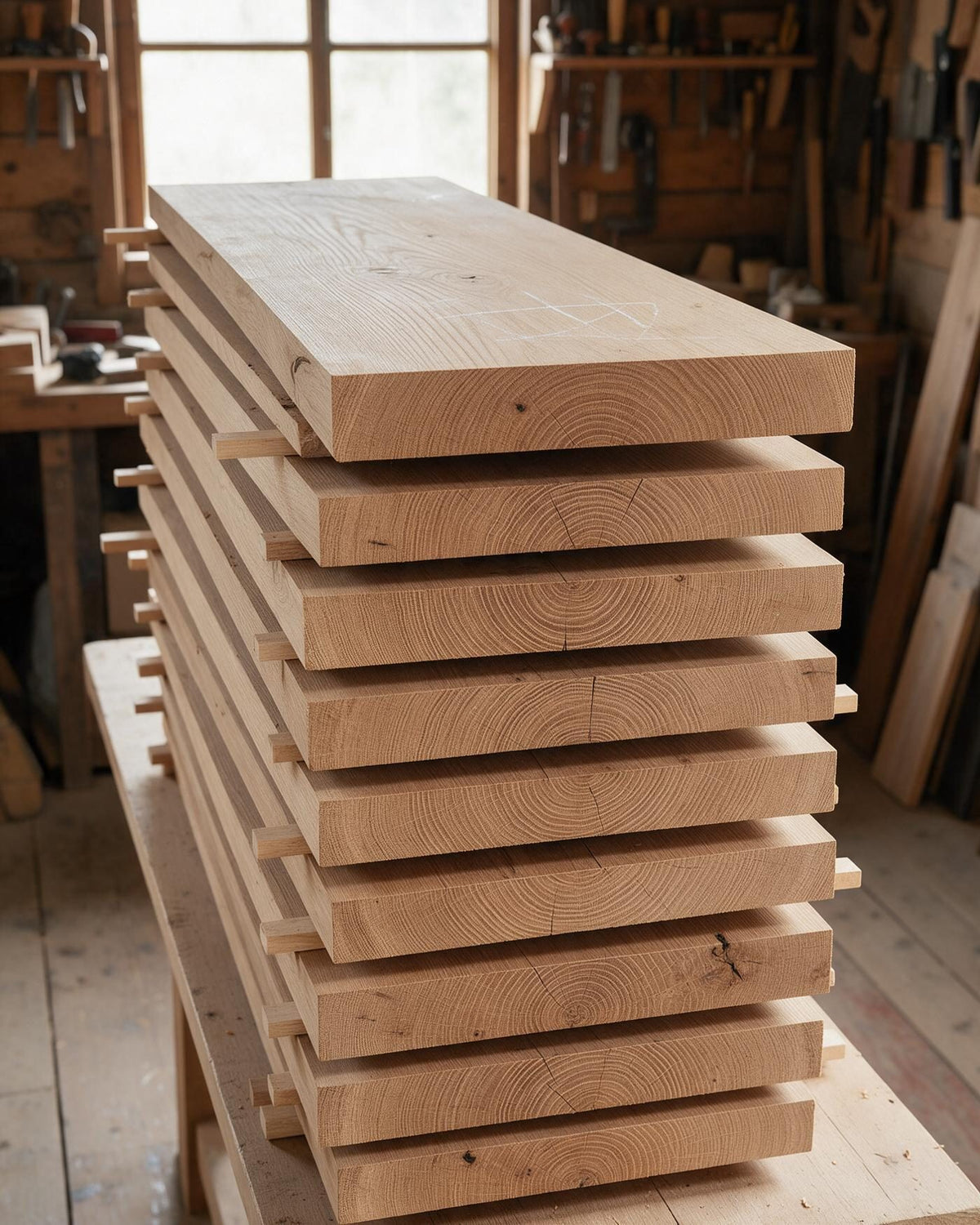 Kiln-dried solid American oak boards stacked on stickers in the workshop, end grain facing out