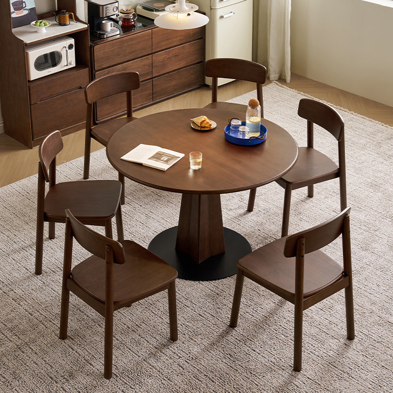 Imelda 110cm Round Wooden Dining Table Set with Chairs – Solid Wood Tabletop Table + Chair*6