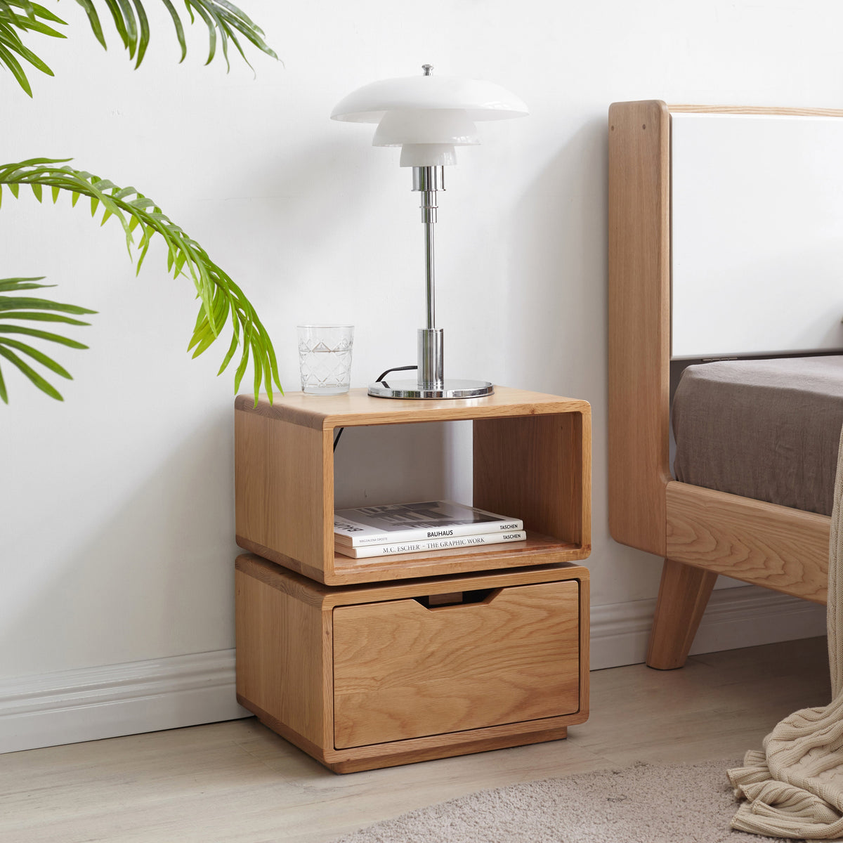 Sage Solid American Oak Side Table with Swivel Top and Drawer – view 5