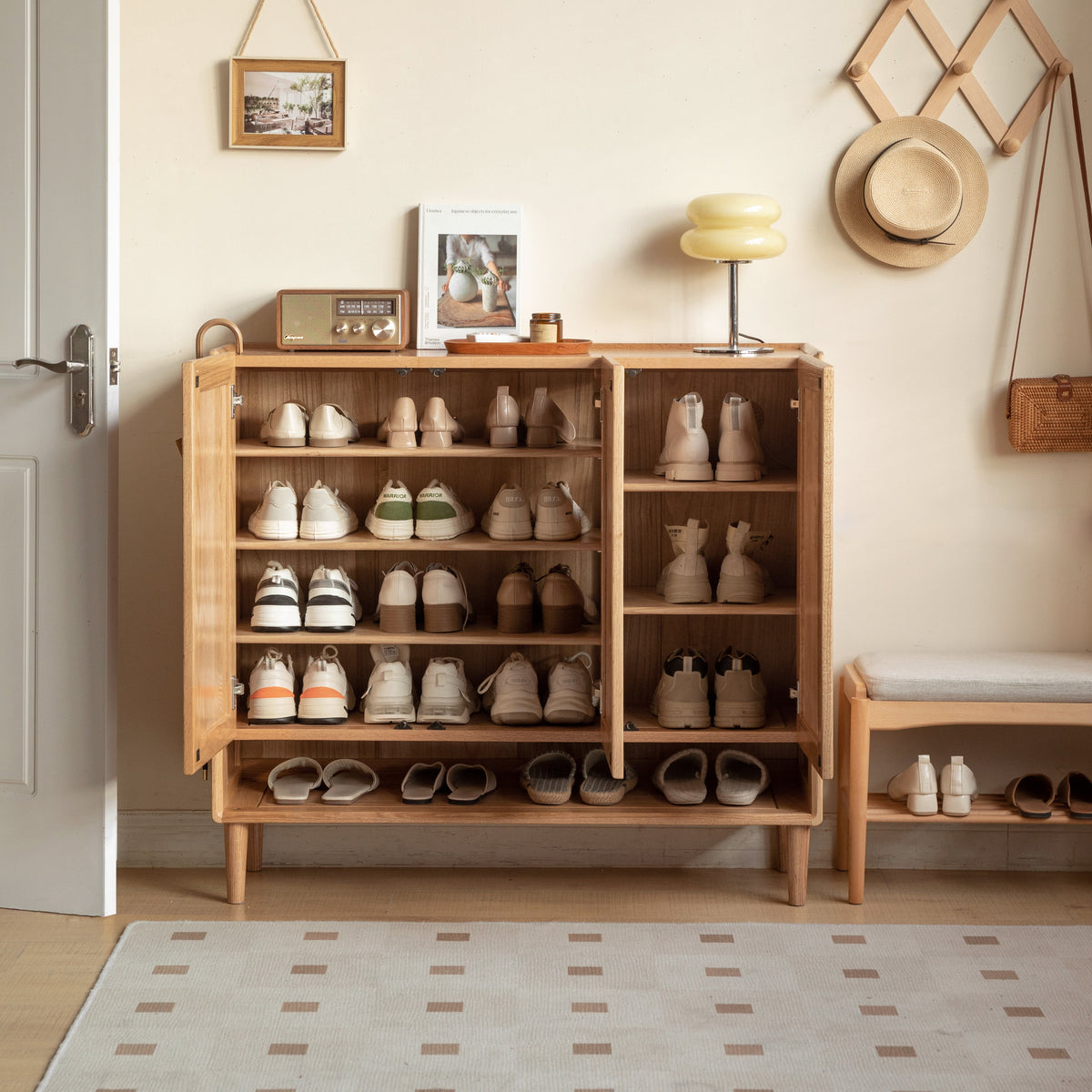 Solid American Oak 3-Door Shoe Cabinet with Open Shelf 110cm – view 2