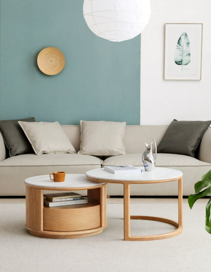 Lyes Solid American Oak Round Nesting Coffee Table Set with Drawer – view 3