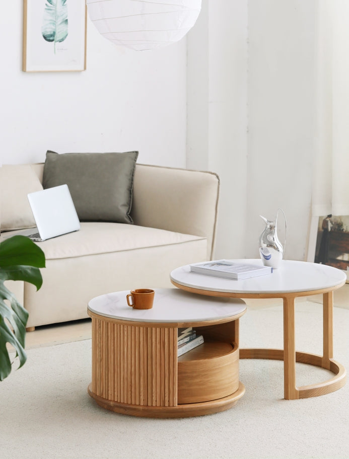 Lyes Solid American Oak Round Nesting Coffee Table Set with Drawer – view 4