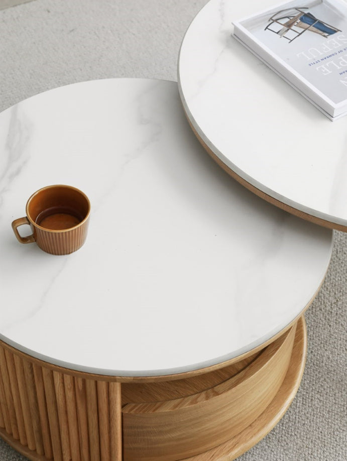 Lyes Solid American Oak Round Nesting Coffee Table Set with Drawer – view 5