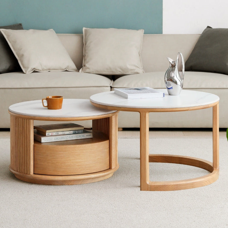 Lyes Solid American Oak Round Nesting Coffee Table Set with Drawer – Natural wood