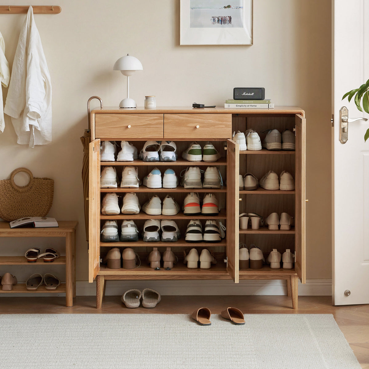 Solid American Oak 3-Door Shoe Cabinet with Drawers 110cm – view 12