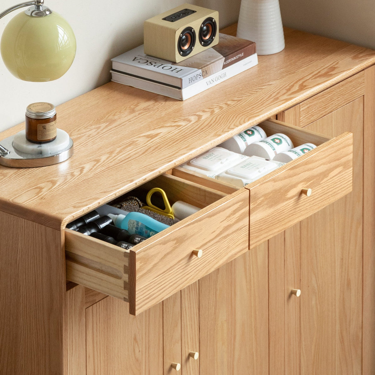 Solid American Oak 3-Door Shoe Cabinet with Drawers 110cm – view 13
