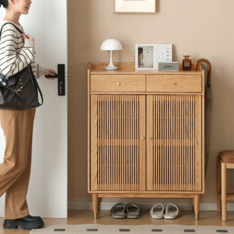 Zain Solid American Oak Slatted Shoe Cabinet 80cm