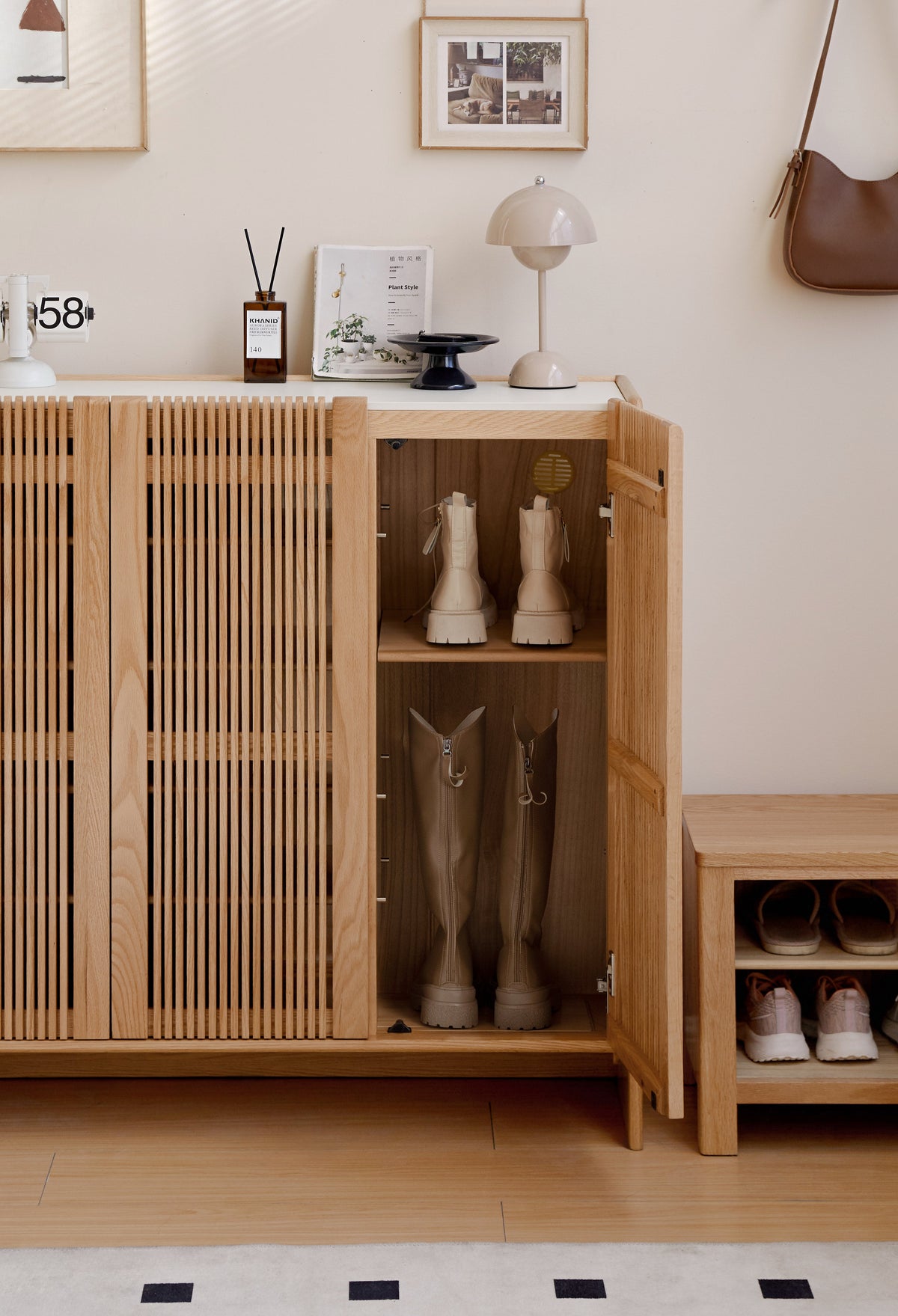 Rhys Solid American Oak Slatted Shoe Cabinet 110cm – view 6
