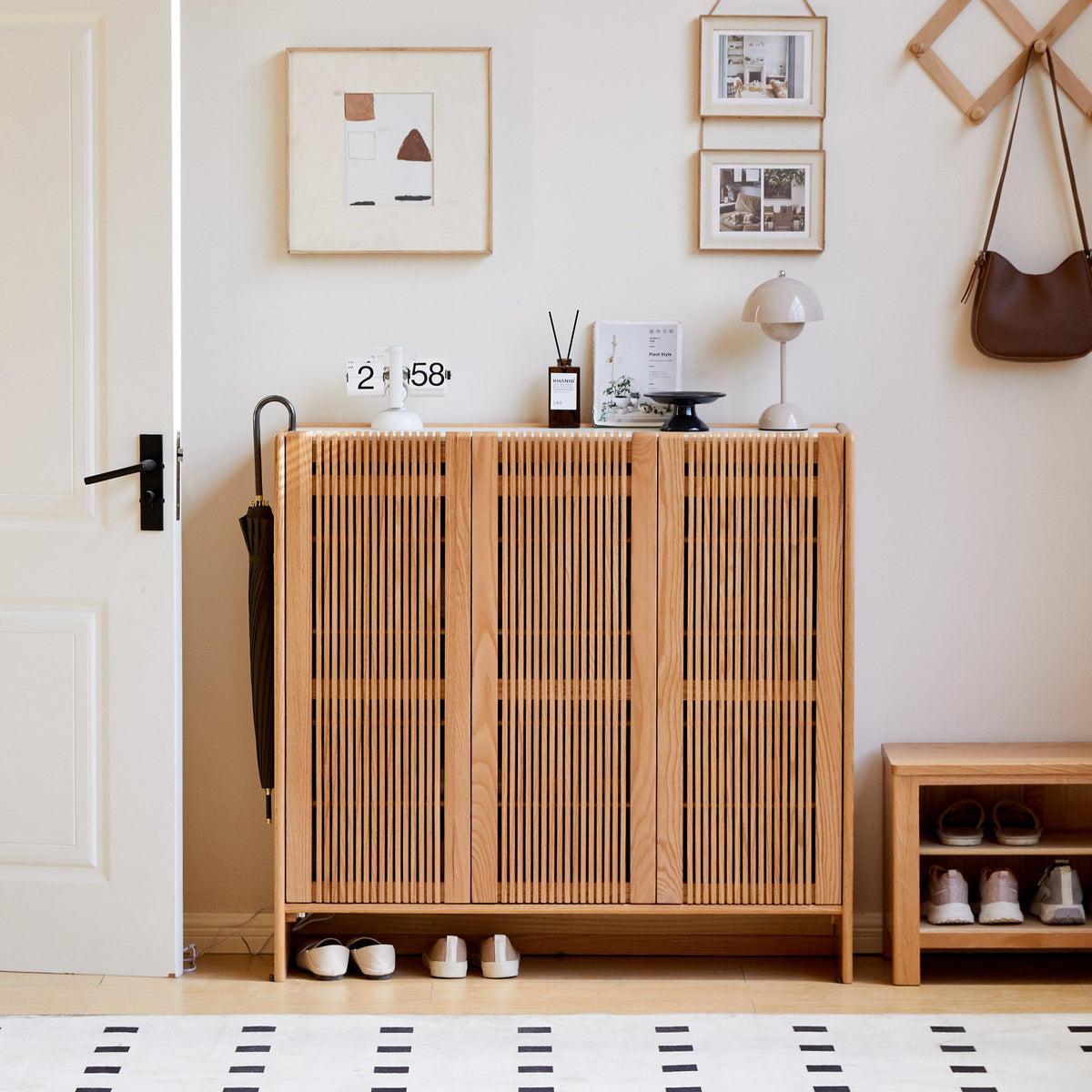 Rhys Solid American Oak Slatted Shoe Cabinet 110cm – Natural Wood