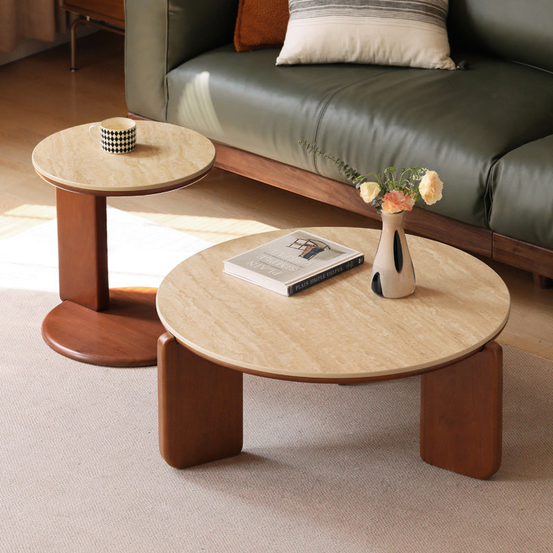 Samantha Solid Liriodendron Round Coffee Table Side Table Set with Ceramic