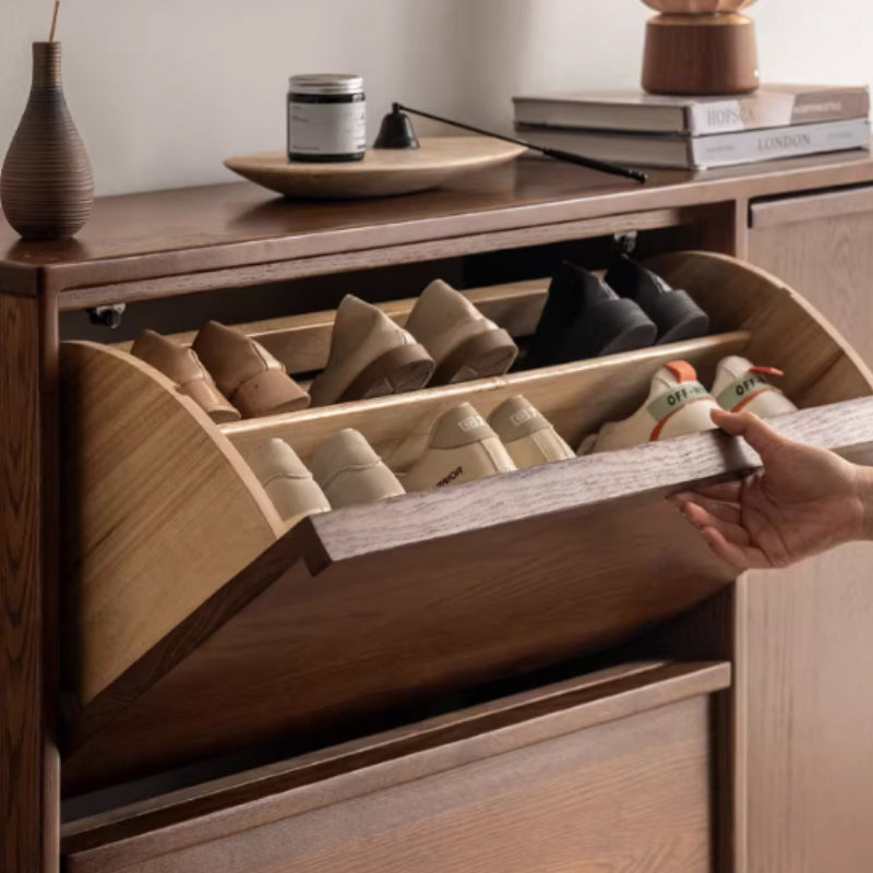 Josie Ultra-Thin Flip-Down Shoe Cabinet in Solid Oak with Pinewood, 80cm 120cm – view 7