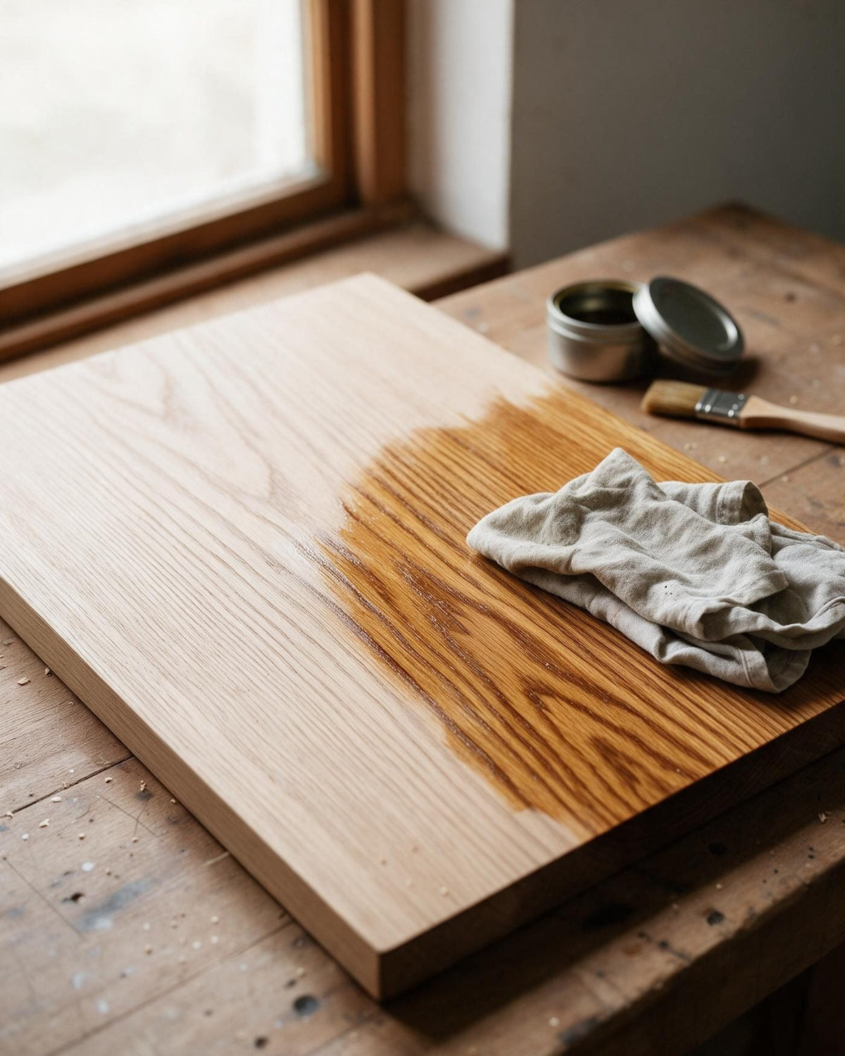 A cloth working penetrating oil into a planed solid oak panel
