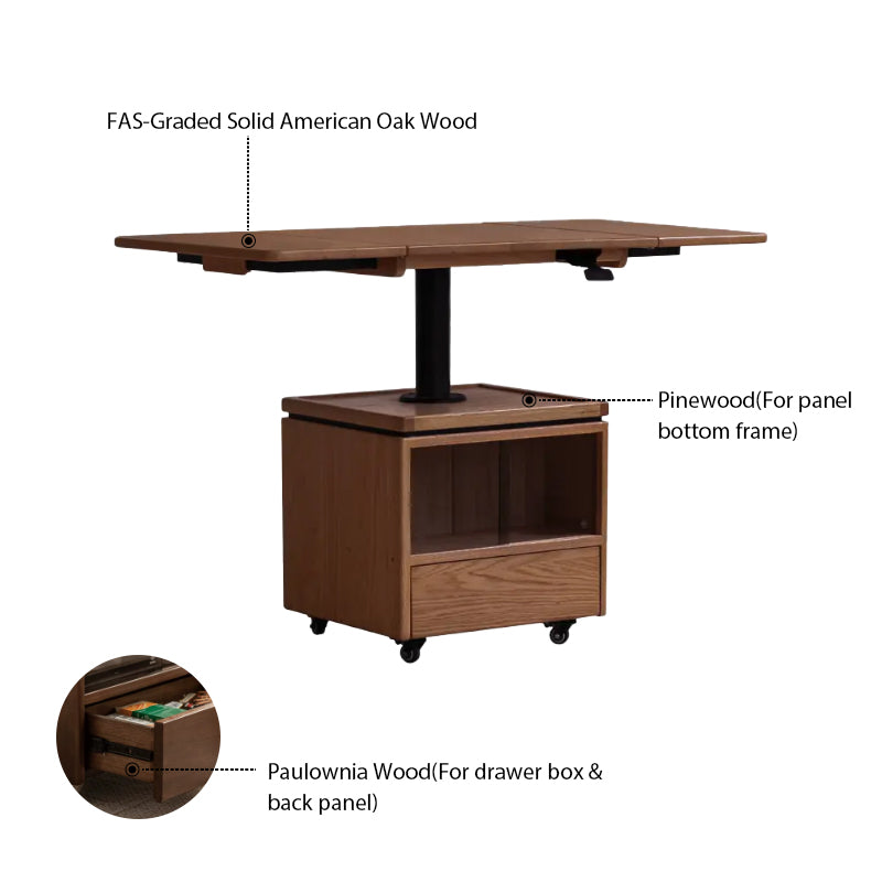 Ainsley Foldable FAS-Graded Solid American Oak Wood Adjustable Height Coffee Table / Mobile Side Table With Swivel Wheels