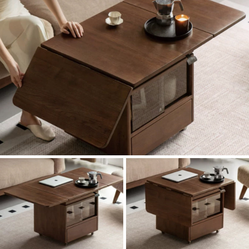 Ainsley Foldable FAS-Graded Solid American Oak Wood Adjustable Height Coffee Table / Mobile Side Table With Swivel Wheels