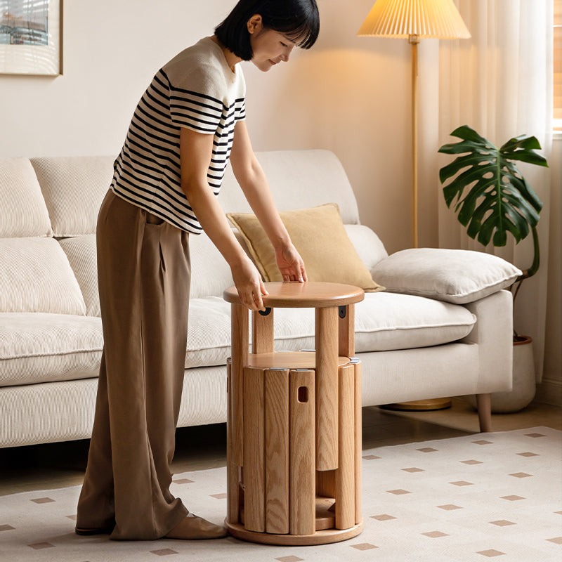Celeste Round Stool and Stackable Wooden Side Table in Solid American Oak – Natural Wood Without Base