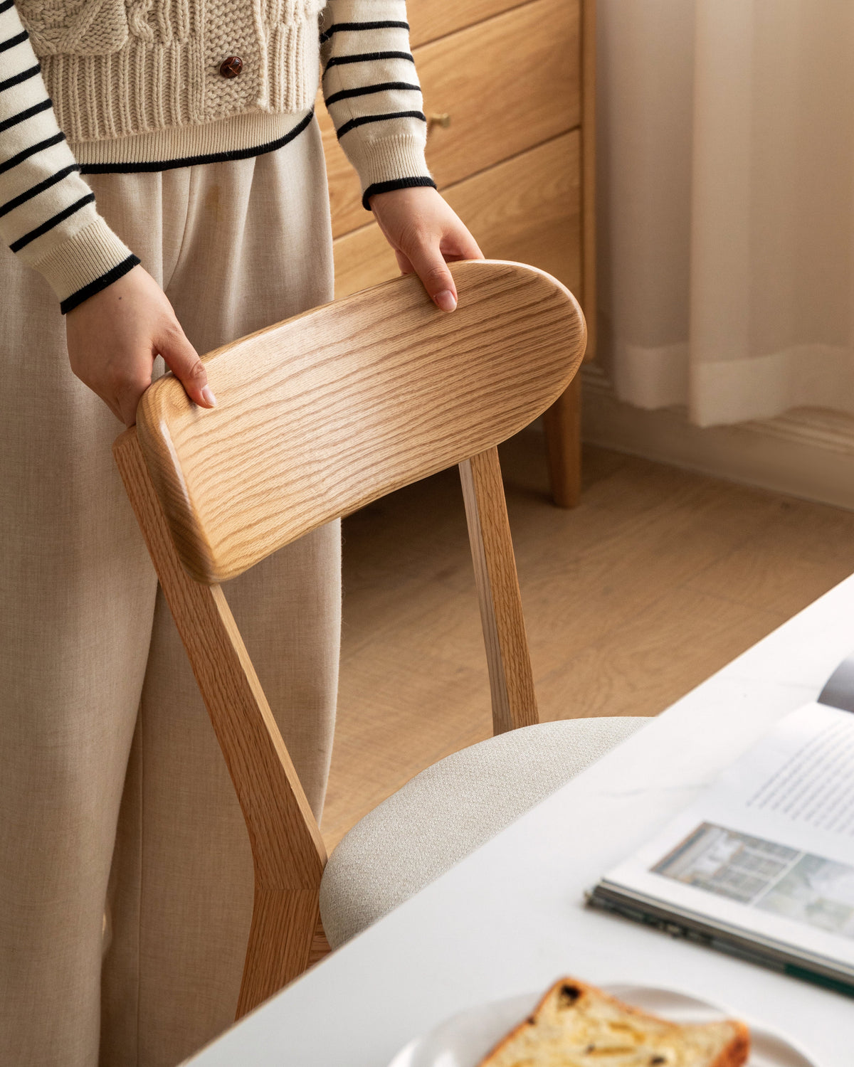 Fabric Curved-Back Dining Chair, Solid American Oak Legs – view 19