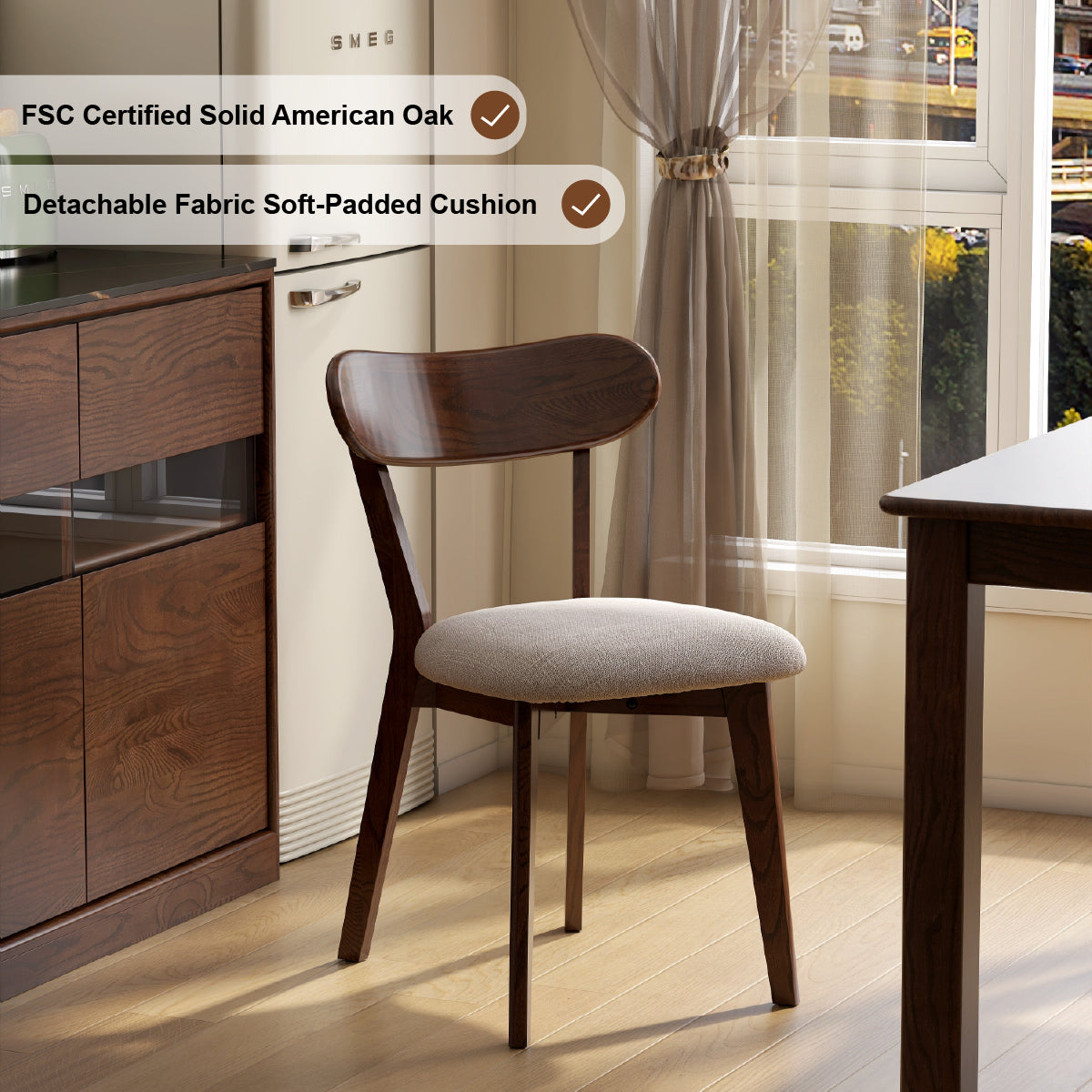 Fabric Curved-Back Dining Chair, Solid American Oak Legs – view 2