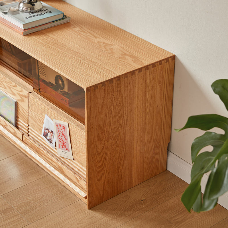 Edgar solid American oak TV unit with smoked glass door – view 9