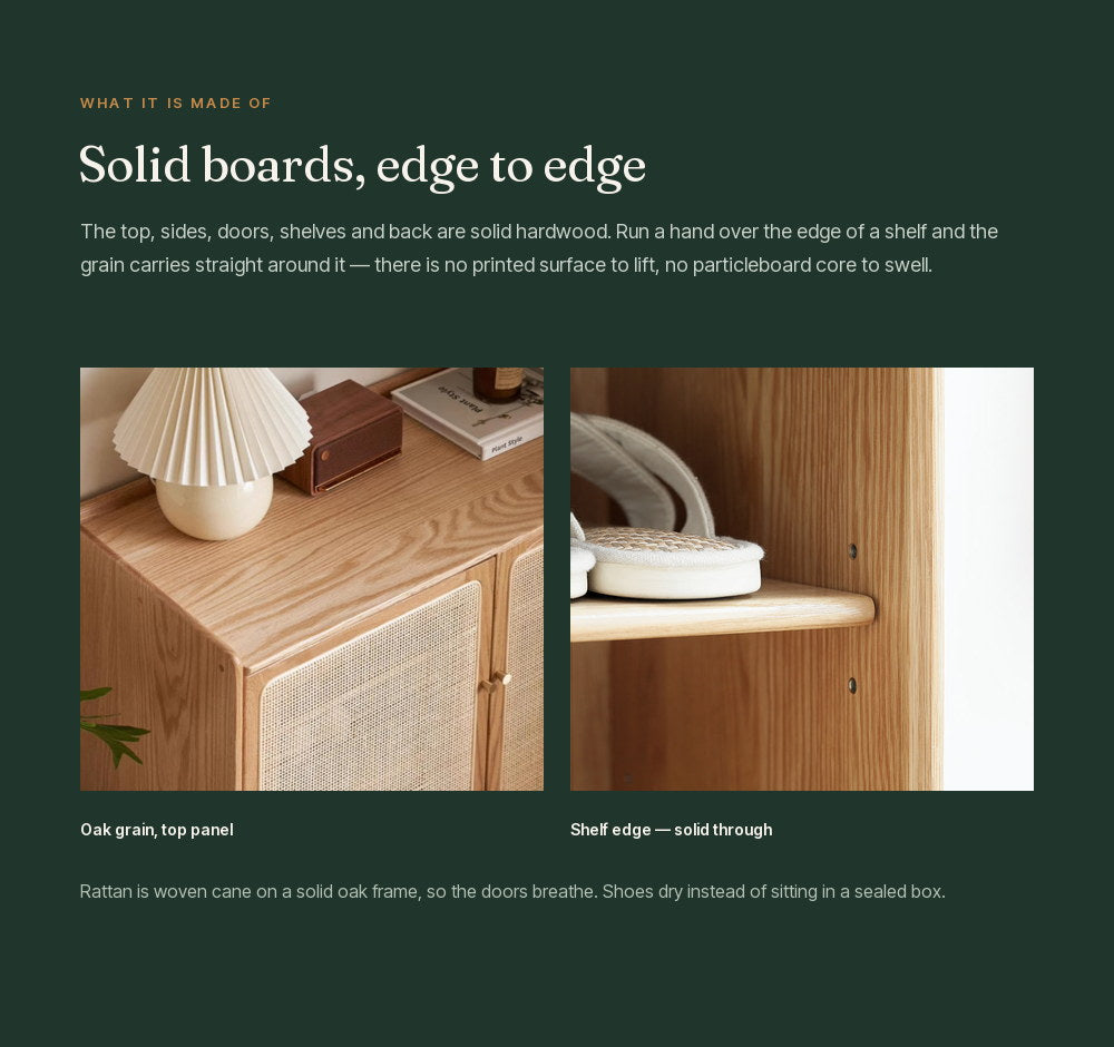 Close-ups of the solid oak top panel and a shelf edge, showing grain carrying around the edge