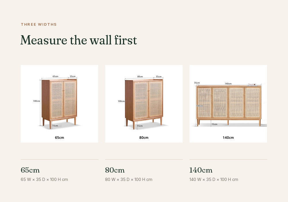Dimension diagrams for the 65cm, 80cm and 140cm widths — 35cm deep, 100cm high